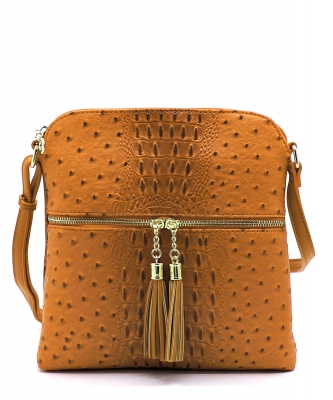 Ostrich Croc Zip Tassel Crossbody Bag OS062 MUSTARD